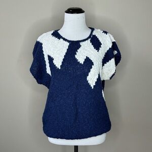 Vintage Maurada Size Medium 10-12 Top Sweater Navy Blue White Knit Cap Sleeve